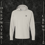 Parchment Deepwater Crew Co. Keep Sailing cotton hooded long-sleeve T-shirt, front view with small wave crest chest logo.