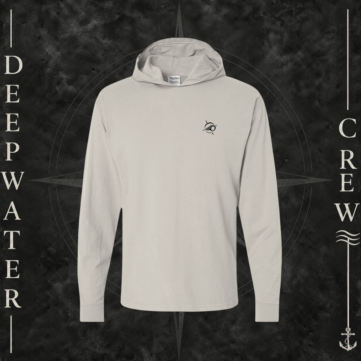 Parchment Deepwater Crew Co. Keep Sailing cotton hooded long-sleeve T-shirt, front view with small wave crest chest logo.