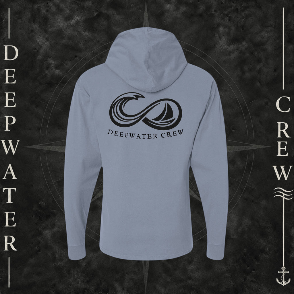 Saltwater Deepwater Crew Co. Keep Sailing cotton hooded long-sleeve T-shirt, back view with large infinity-style ocean wave and sailboat graphic above Deepwater Crew lettering.
