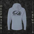 Saltwater Deepwater Crew Co. Keep Sailing cotton hooded long-sleeve T-shirt, back view with large infinity-style ocean wave and sailboat graphic above Deepwater Crew lettering.