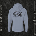 Saltwater Deepwater Crew Co. Keep Sailing cotton hooded long-sleeve T-shirt, back view with large infinity-style ocean wave and sailboat graphic above Deepwater Crew lettering.