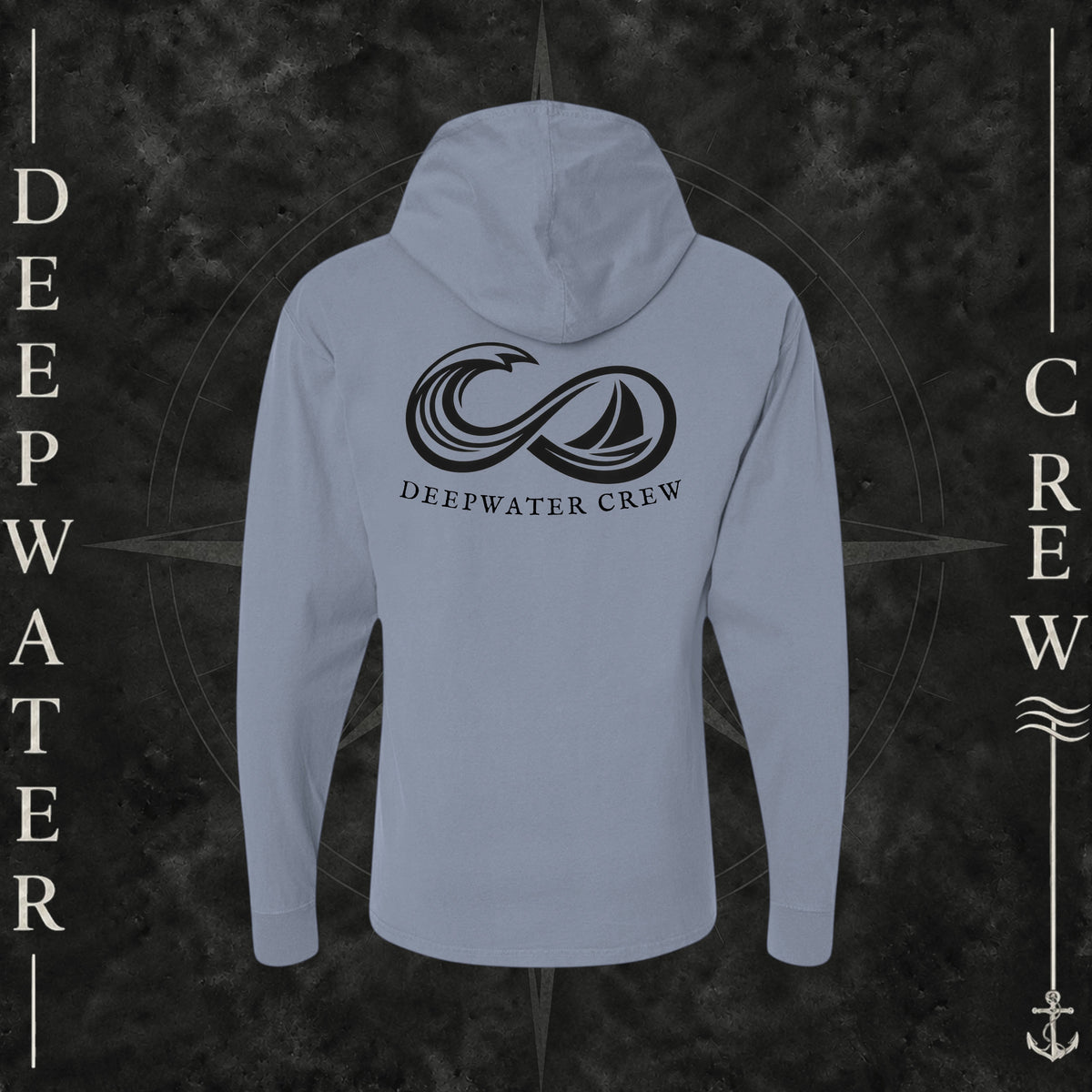 Saltwater Deepwater Crew Co. Keep Sailing cotton hooded long-sleeve T-shirt, back view with large infinity-style ocean wave and sailboat graphic above Deepwater Crew lettering.