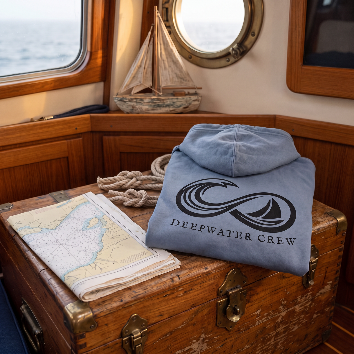 Folded Saltwater Deepwater Crew Co. Keep Sailing cotton hooded long-sleeve T-shirt showing the infinity-style ocean wave and sailboat graphic above Deepwater Crew lettering inside a sailboat cabin.