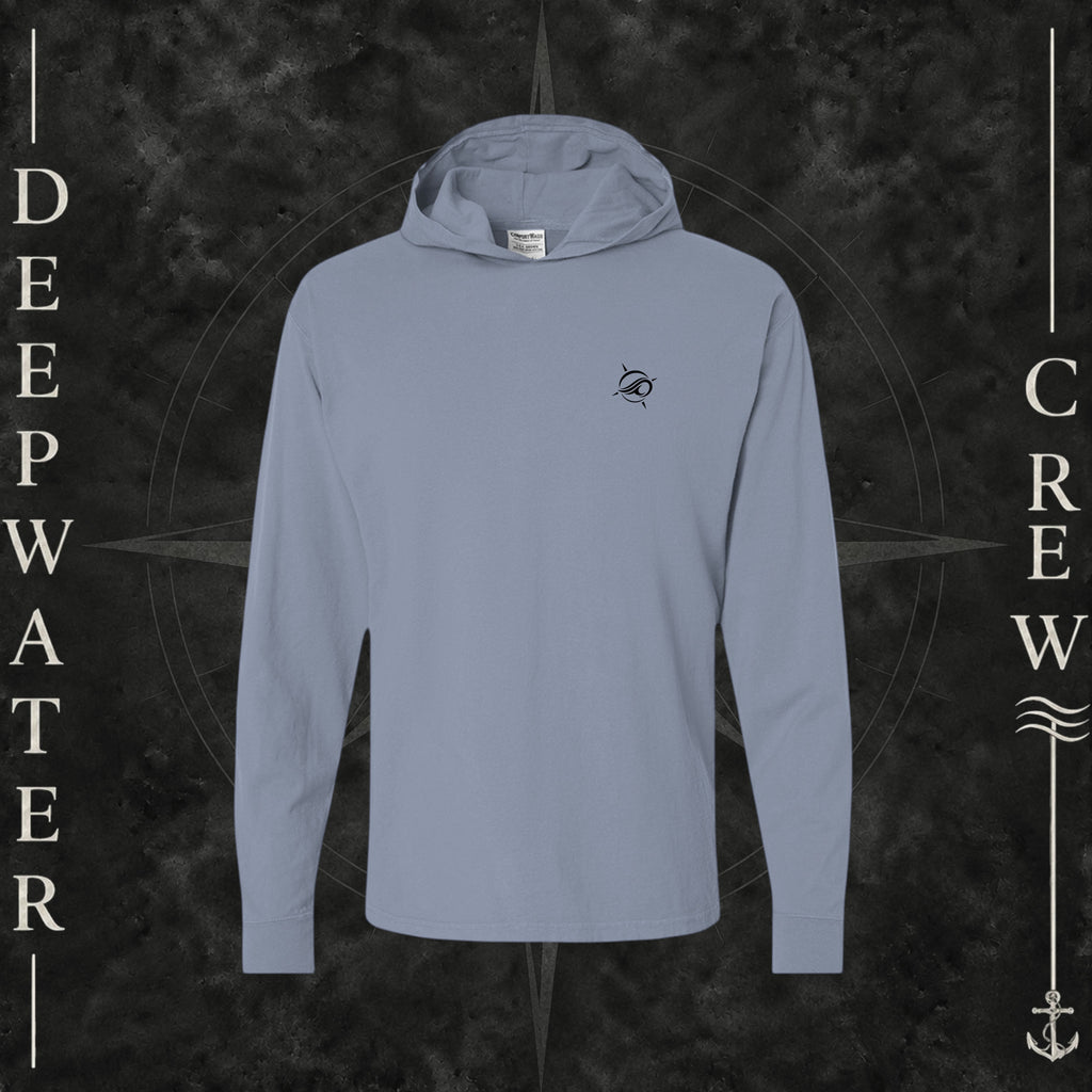 Saltwater Deepwater Crew Co. Keep Sailing cotton hooded long-sleeve T-shirt, front view with small wave crest chest logo.