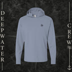 Saltwater Deepwater Crew Co. Keep Sailing cotton hooded long-sleeve T-shirt, front view with small wave crest chest logo.