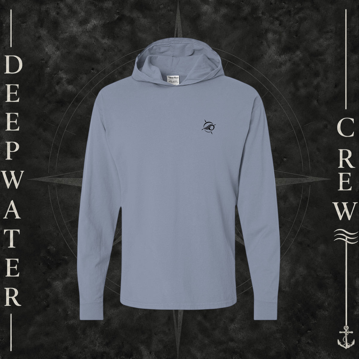 Saltwater Deepwater Crew Co. Keep Sailing cotton hooded long-sleeve T-shirt, front view with small wave crest chest logo.