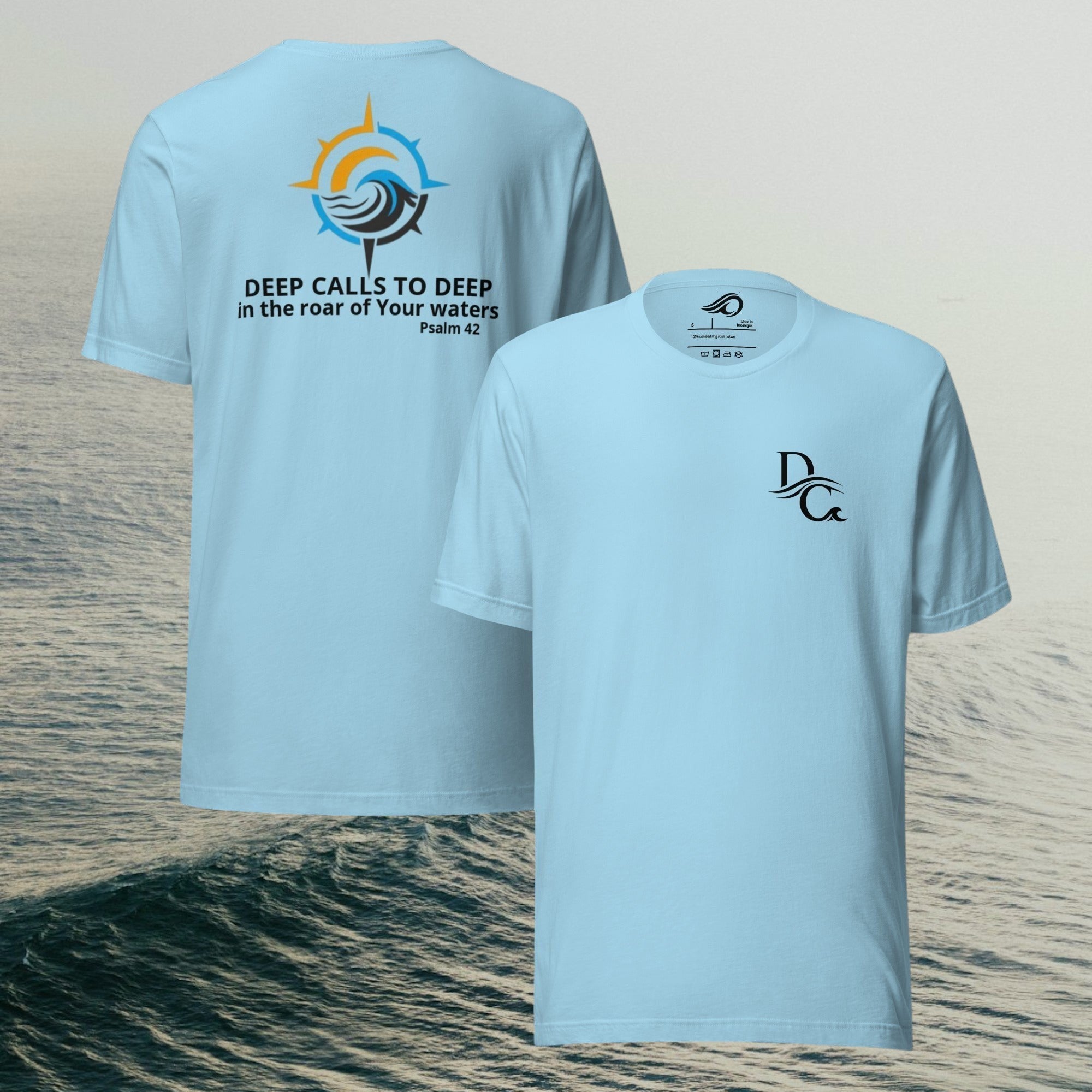Deepwater Crew Co. light blue 100% cotton t-shirt with a small logo on the front and a large graphic with text on the back.