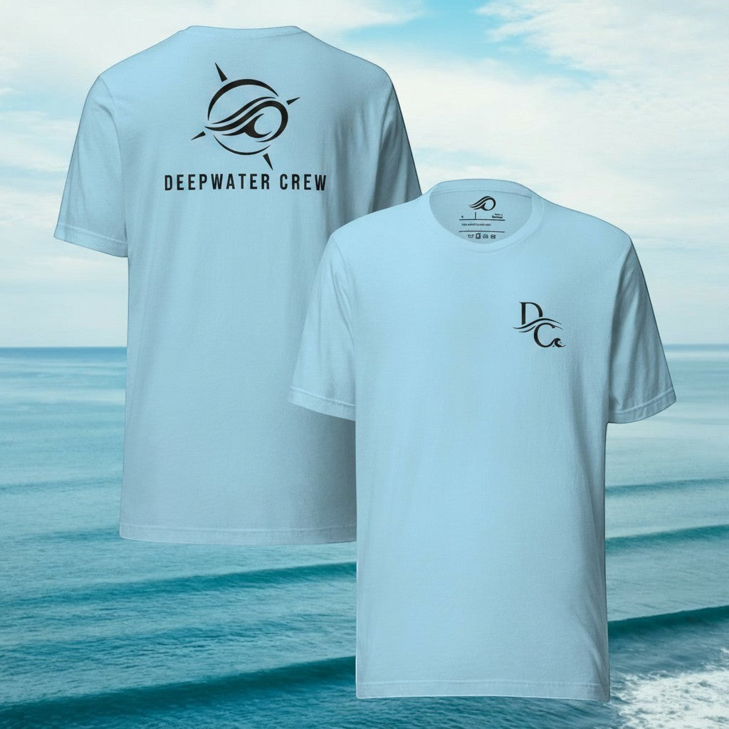Light blue 100% combed cotton t-shirt by Deepwater Crew Co. with small logo on front and large graphic on back.