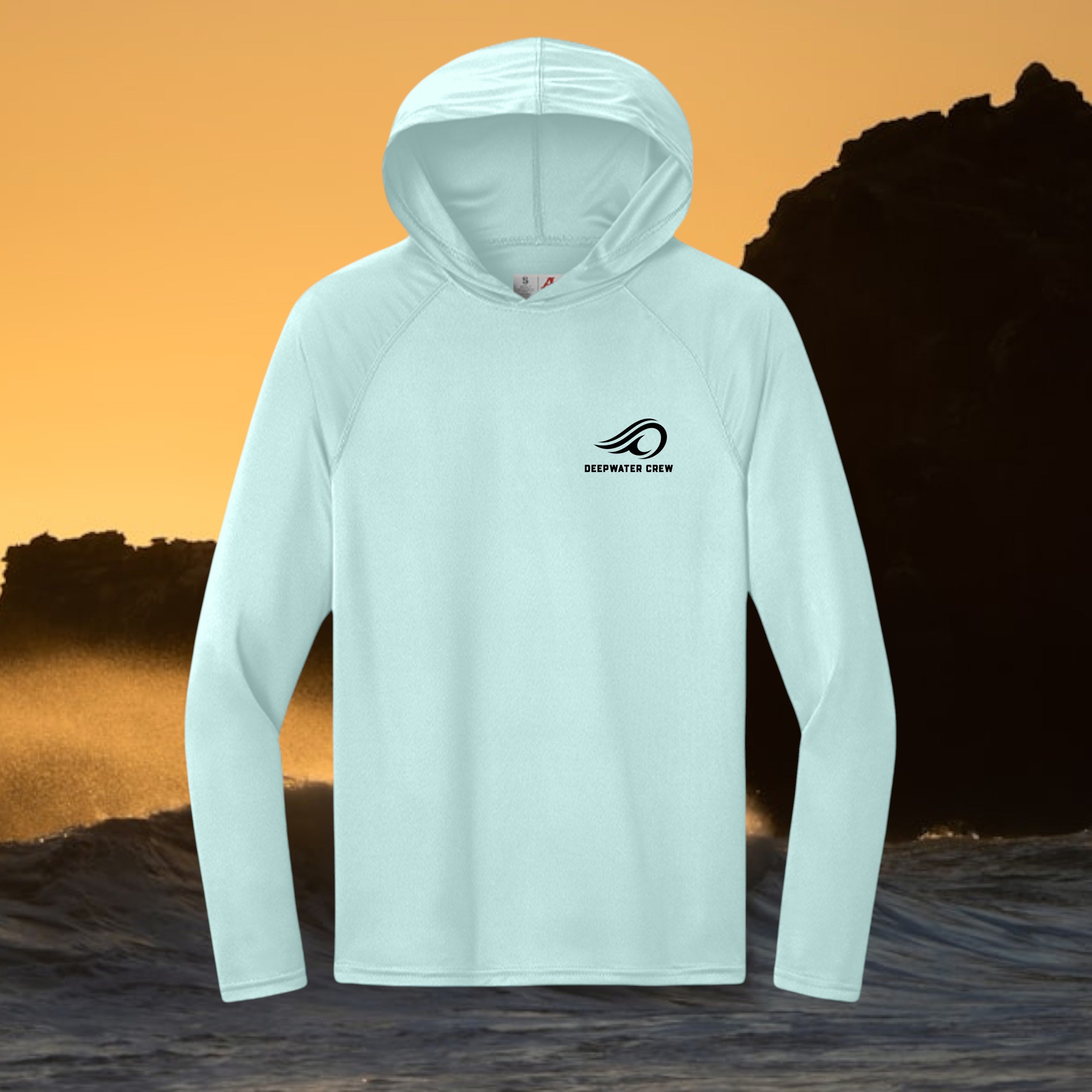 Deepwater Crew Co. light blue long-sleeve performance hooded shirt with moisture-wicking recycled polyester fabric.