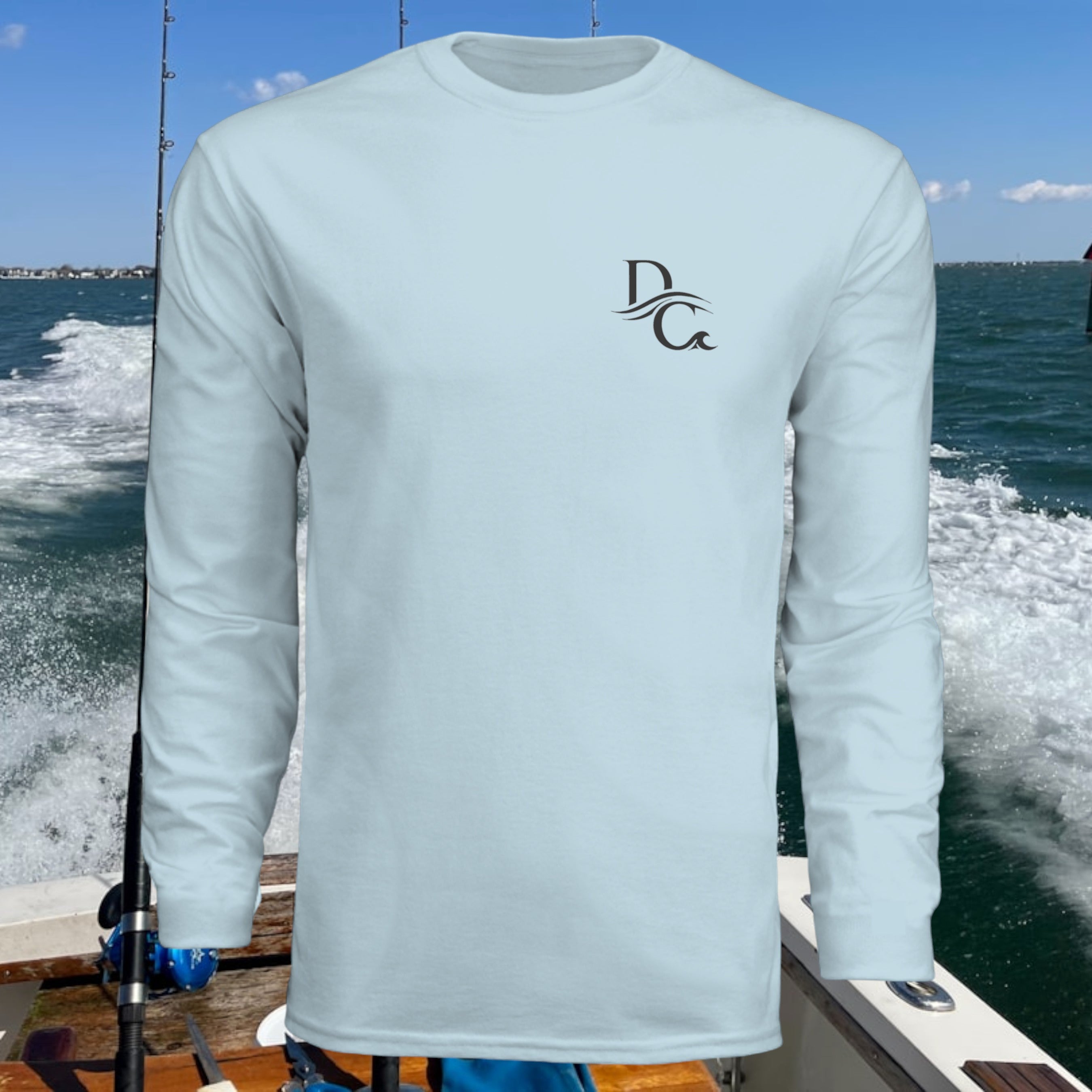 Deepwater Crew Co. light blue long-sleeve performance tee with UPF 44+ sun protection and moisture-wicking fabric.