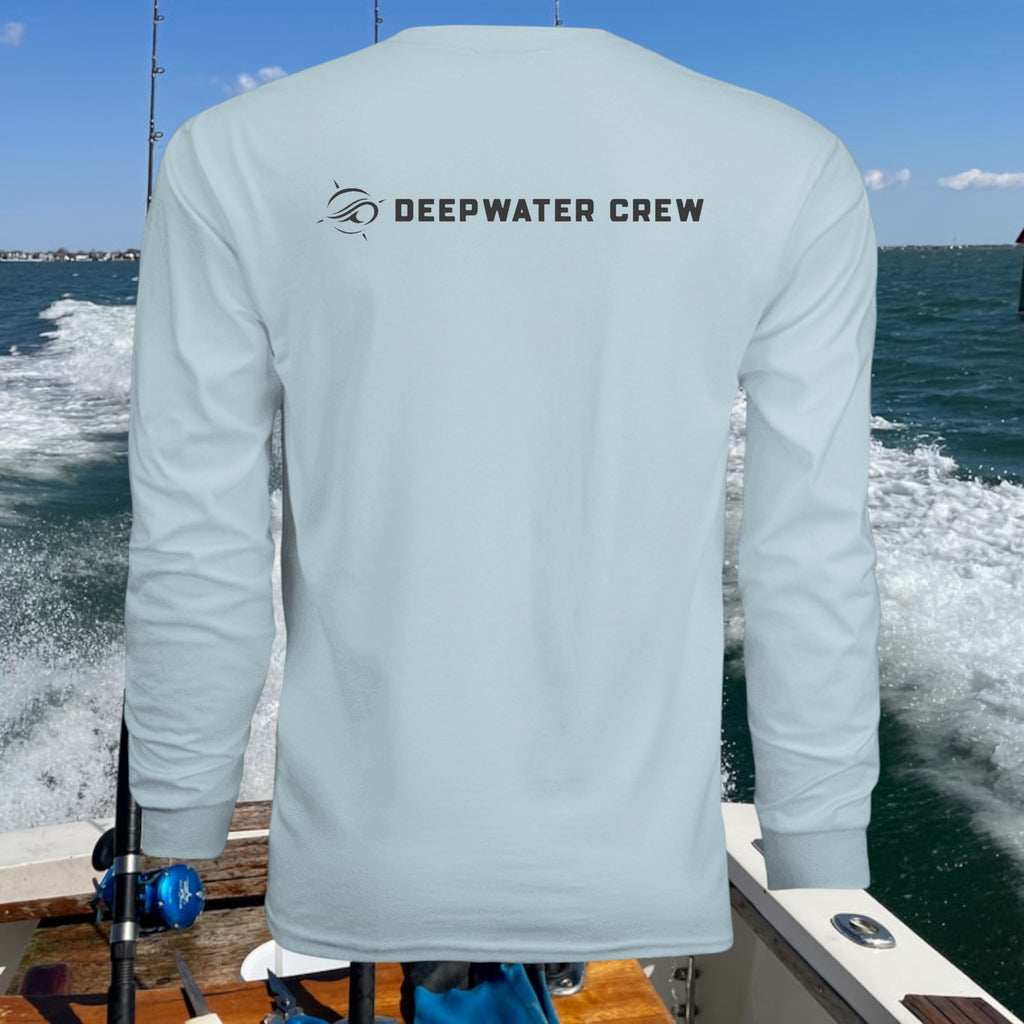 Deepwater Crew Co. light blue long-sleeve performance tee with UPF sun protection, ideal for fishing or boating.