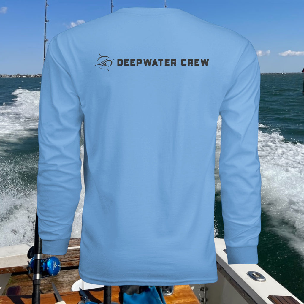 Deepwater Crew Co. light blue long-sleeve polyester performance tee with UPF sun protection.