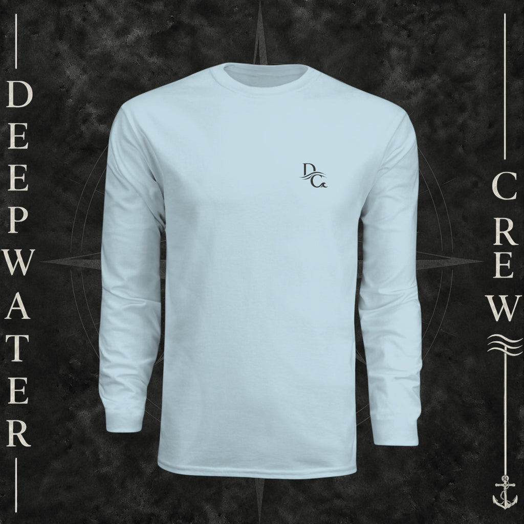 Deepwater Crew Co. light blue long-sleeve performance sun shirt with logo on a boat deck background