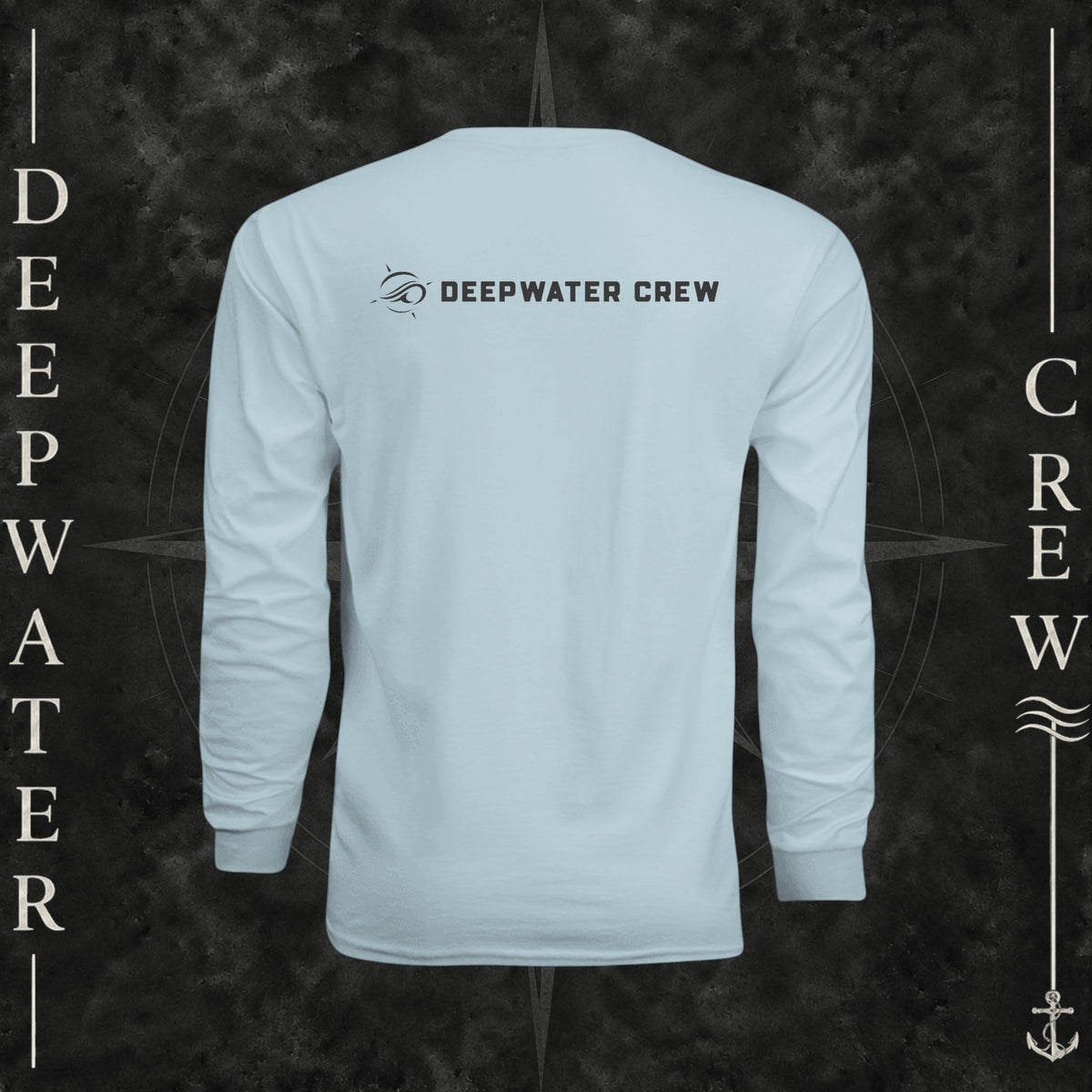 Deepwater Crew Co. light blue long-sleeve performance sun shirt with back logo on a boat deck