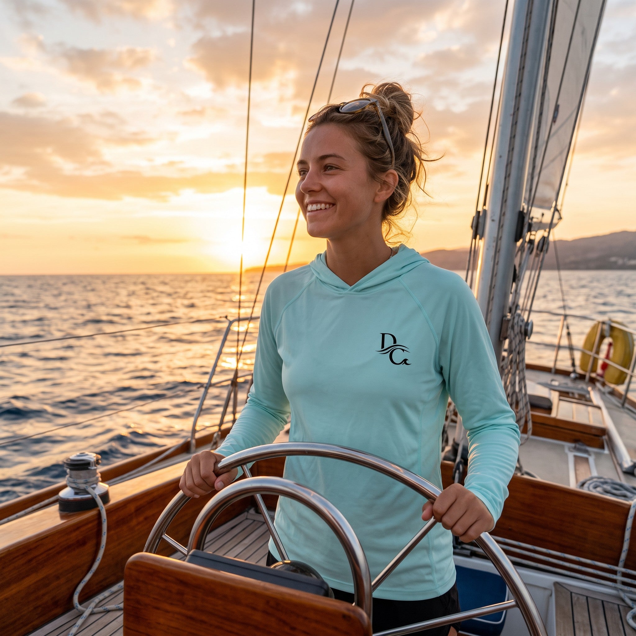 Woman wearing a light blue Deepwater Crew Co. UPF 44+ performance hoodie while steering a sailboat at sunset.