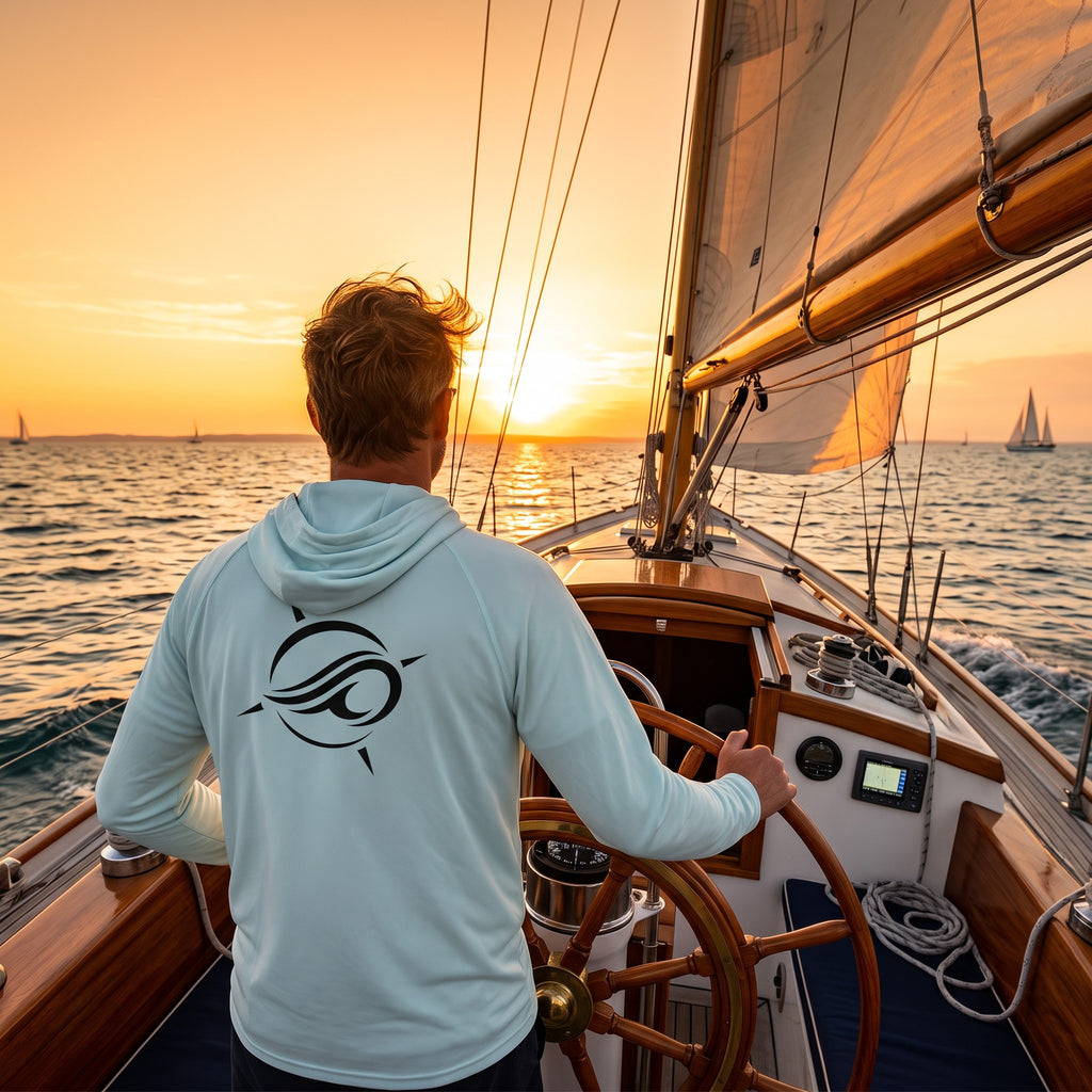 Deepwater Crew Co. light blue performance sun hoodie with logo on back, worn by a man steering a sailboat at sunset.