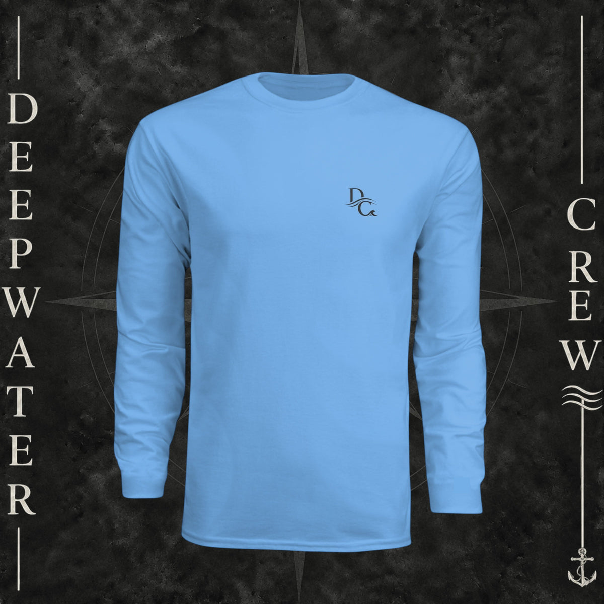 Deepwater Crew Co. light blue long-sleeve performance sun shirt with UPF 44+ protection on a boat deck.