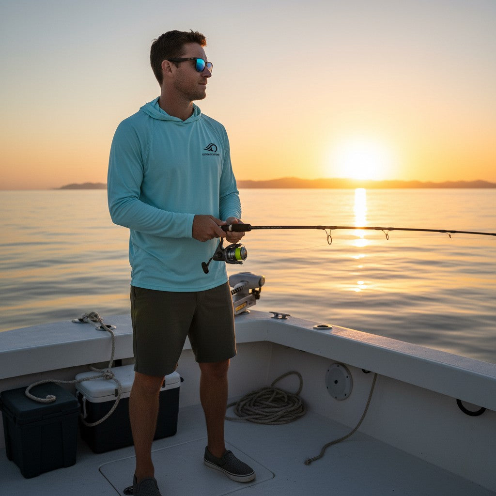Deepwater Crew Co. man wearing a light blue performance UV hoodie while fishing on a boat at sunset