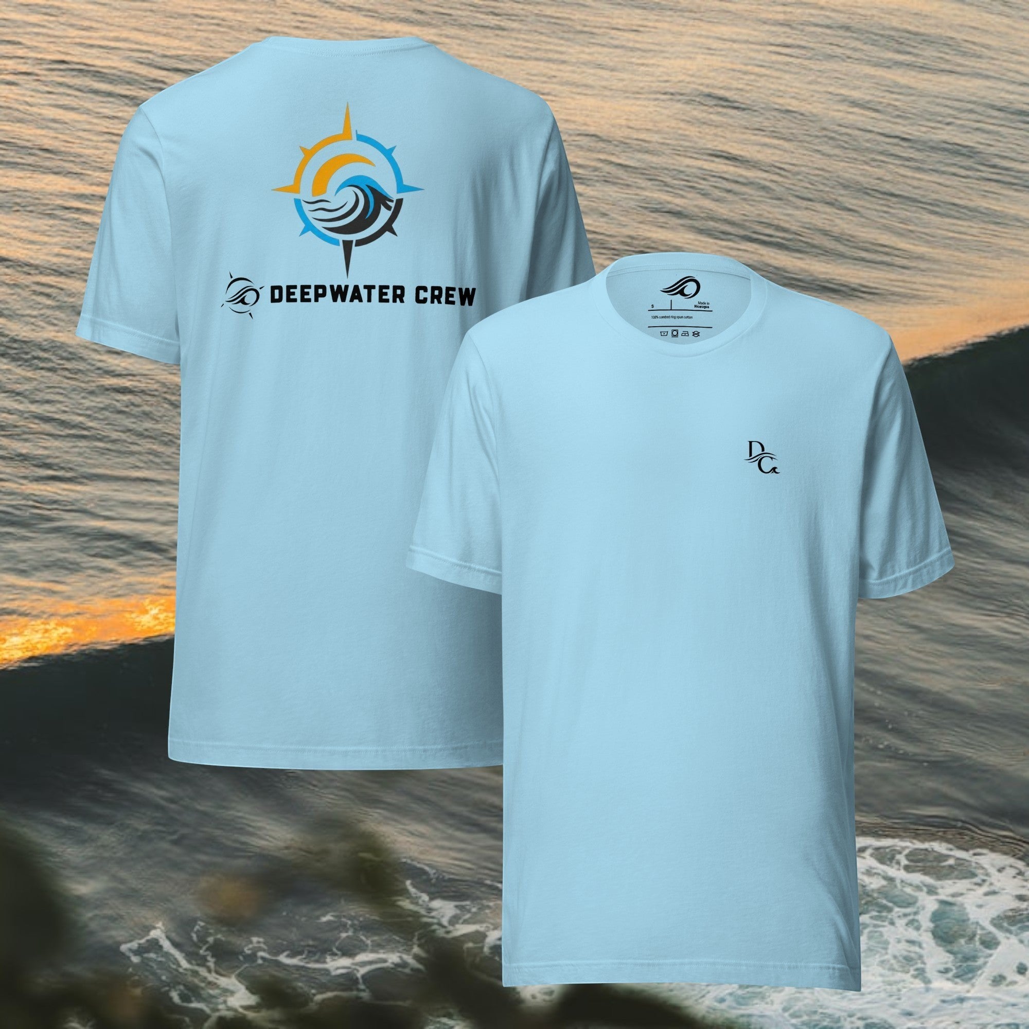 Deepwater Crew Co. light blue cotton crew neck t-shirt with small front logo and large back nautical compass graphic.