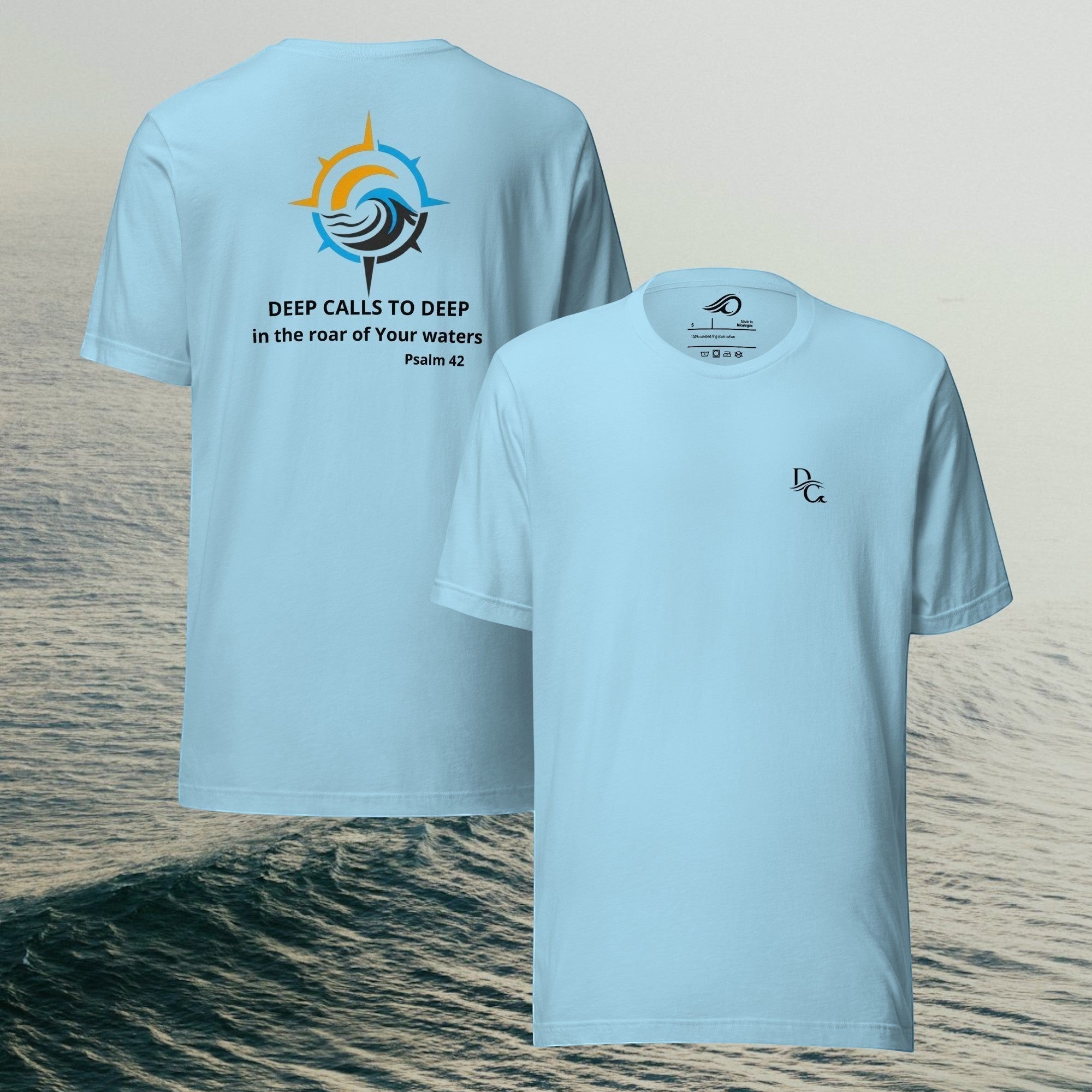 Deepwater Crew Co. light blue cotton crew neck t-shirt with front logo and back compass graphic print.