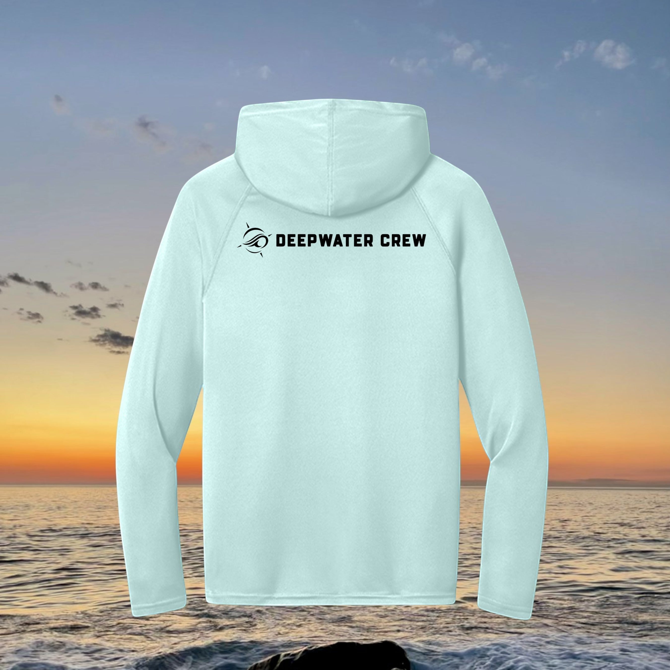 Deepwater Crew Co. light blue performance UPF hoodie with back logo, featuring moisture-wicking recycled fabric.