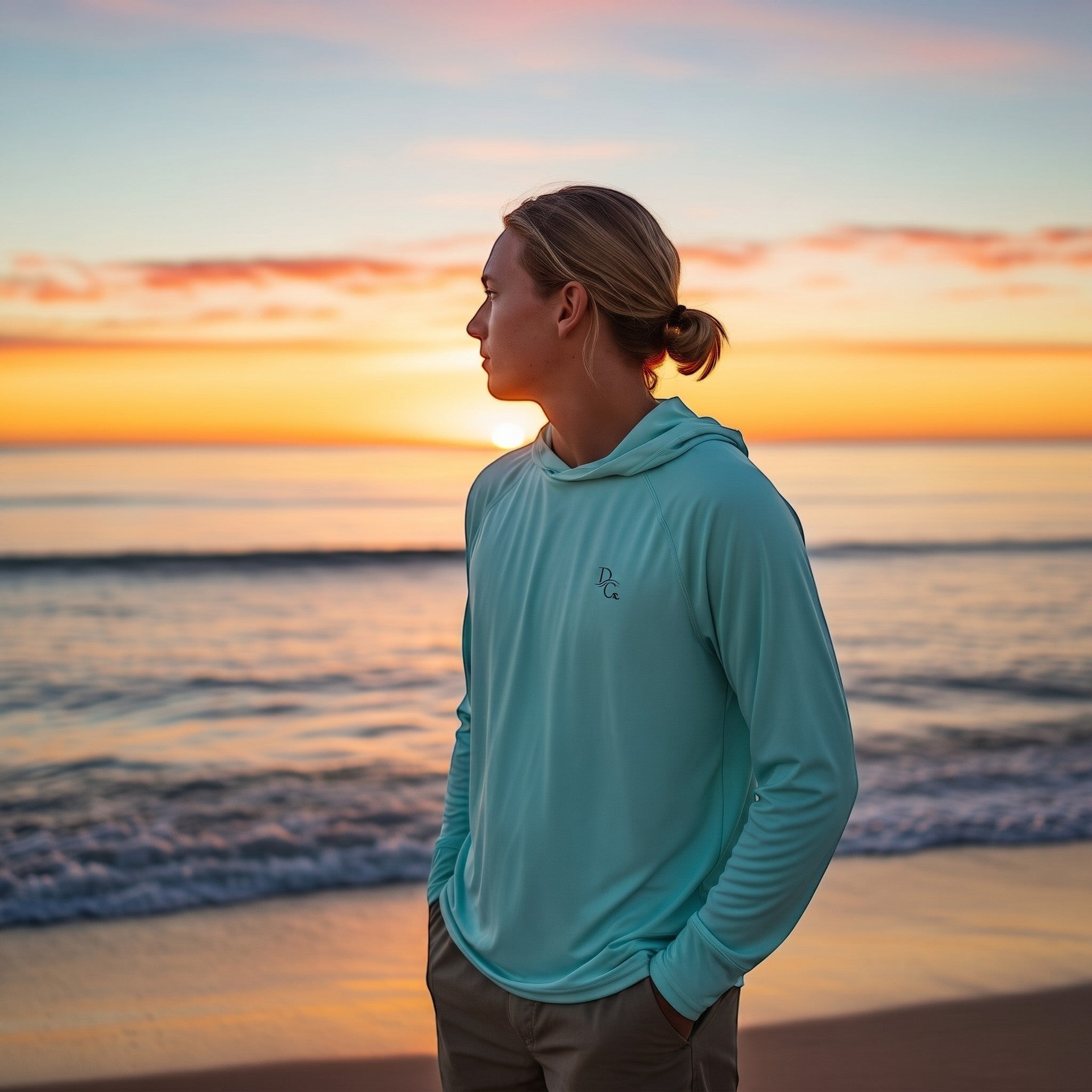 Deepwater Crew Co. light blue performance UPF hoodie worn by a man on the beach at sunset.