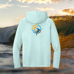 Deepwater Crew Co. light blue long-sleeve performance UPF hoodie with a compass wave logo on the back