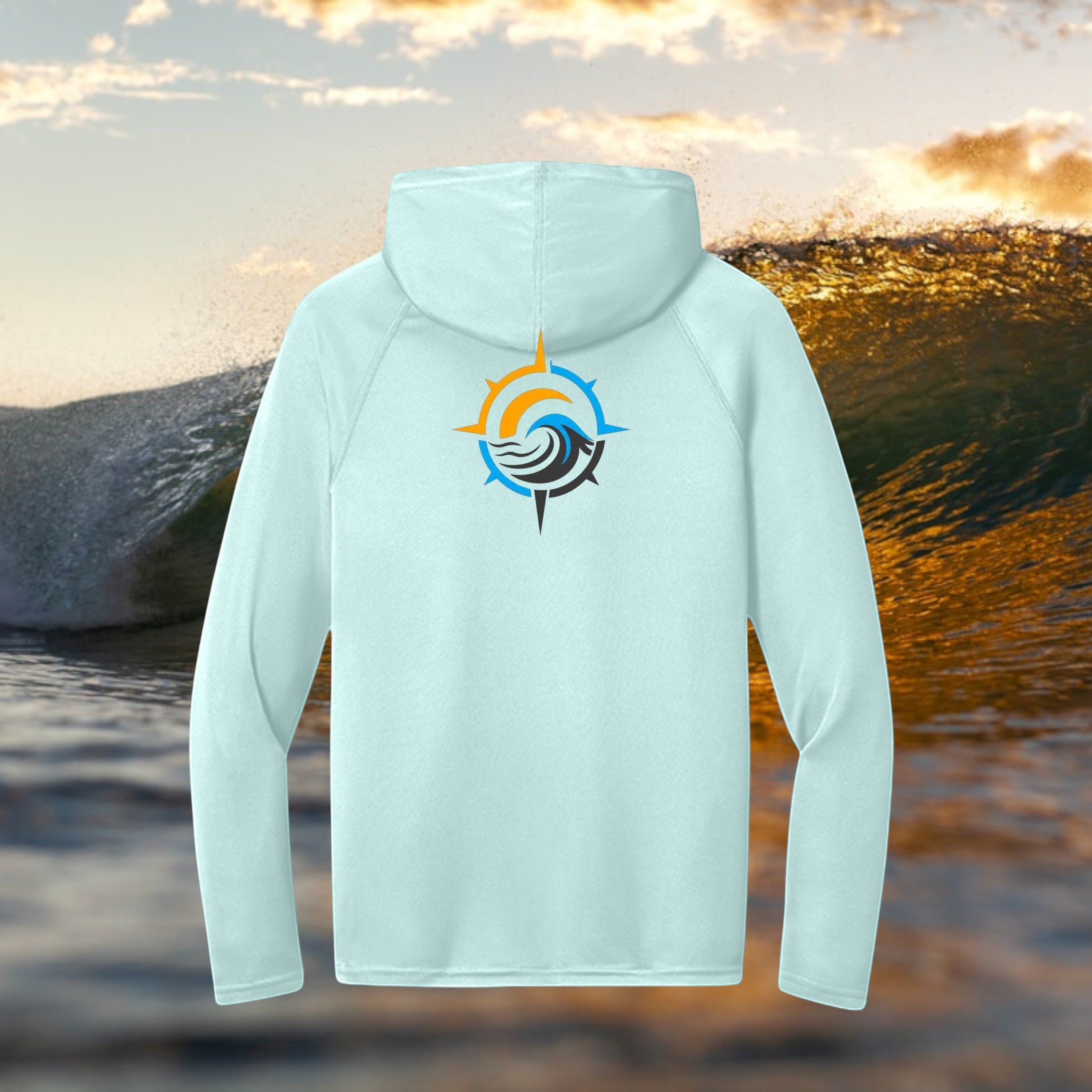Deepwater Crew Co. light blue long-sleeve performance UPF hoodie with a compass wave logo on the back