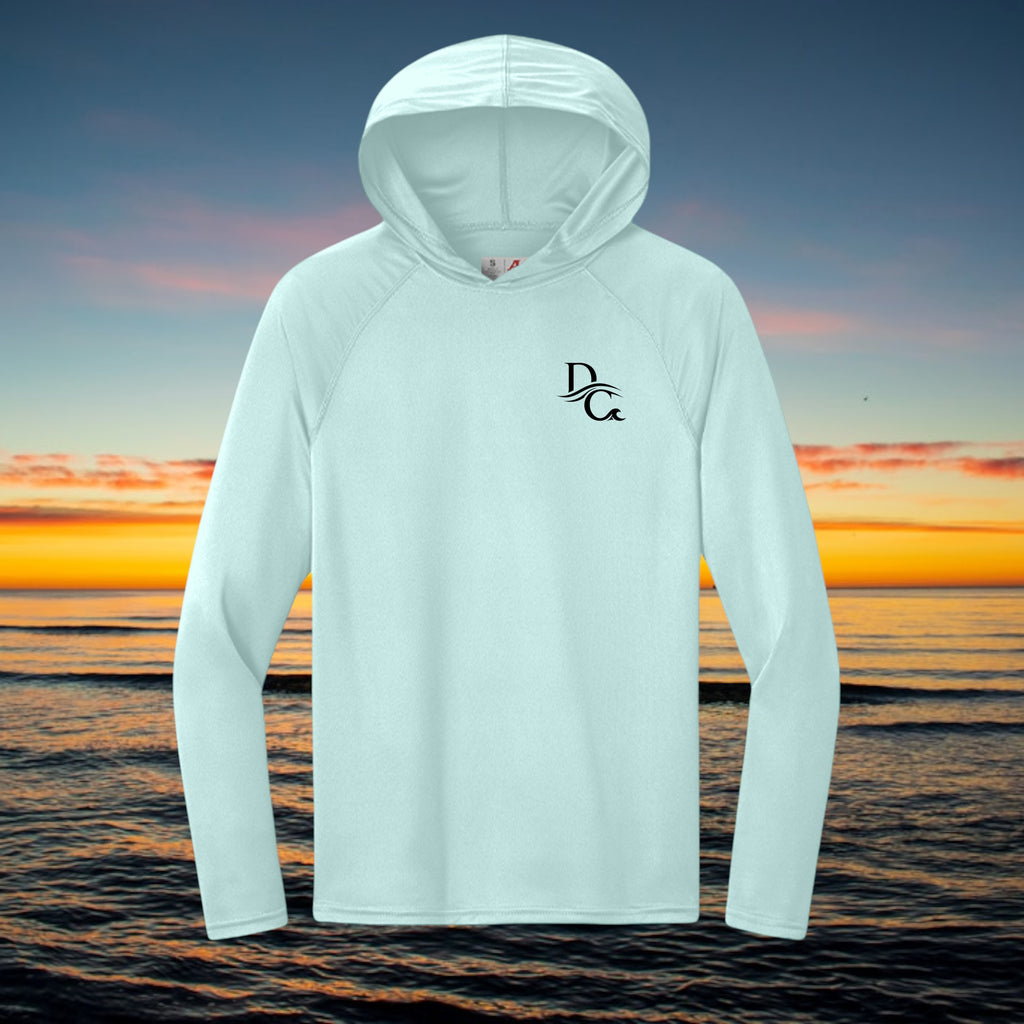 Deepwater Crew Co. light blue performance UV hoodie with raglan sleeves and small black logo on the chest