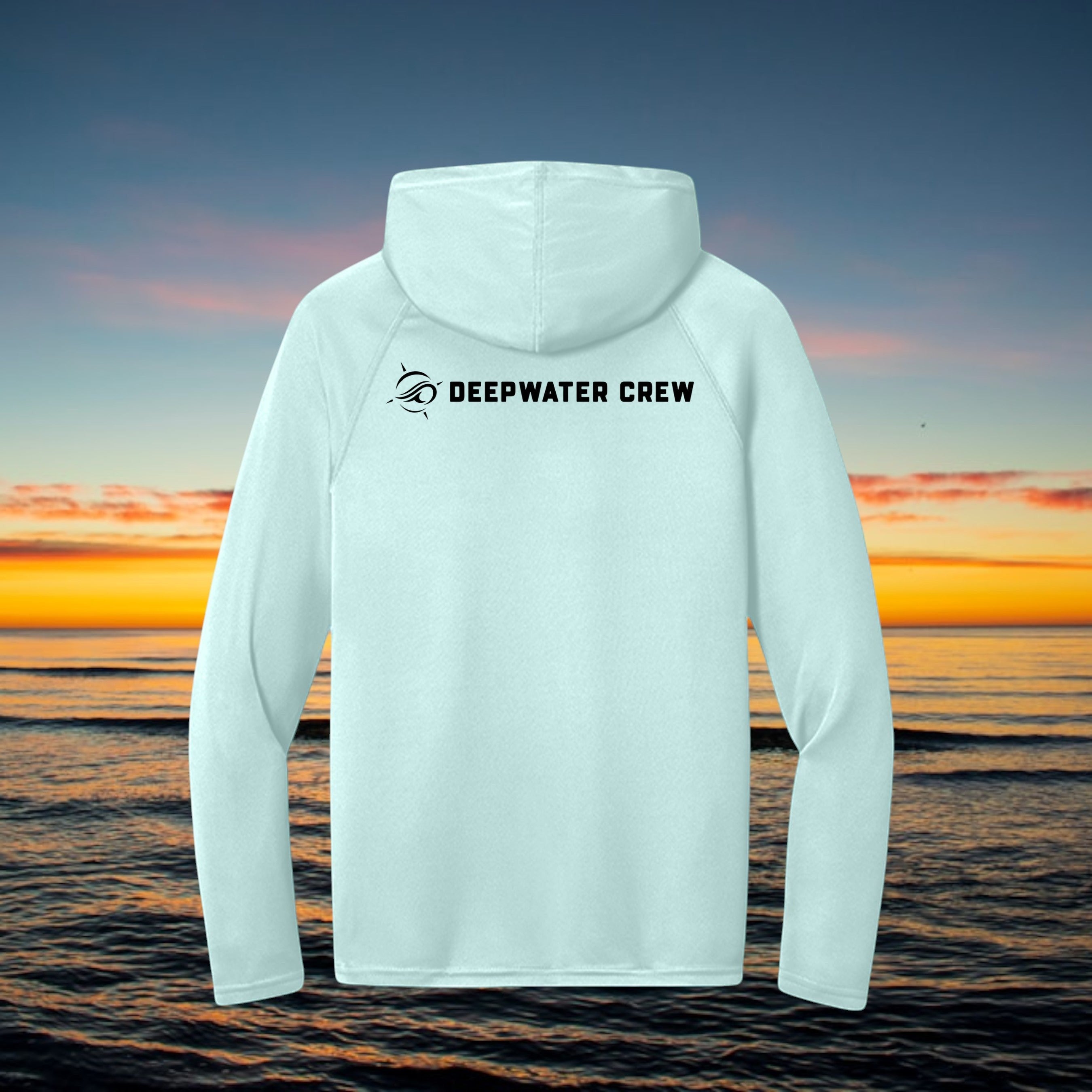 Back view of a light blue Deepwater Crew Co. UV performance hoodie with raglan sleeves and black logo on the back.