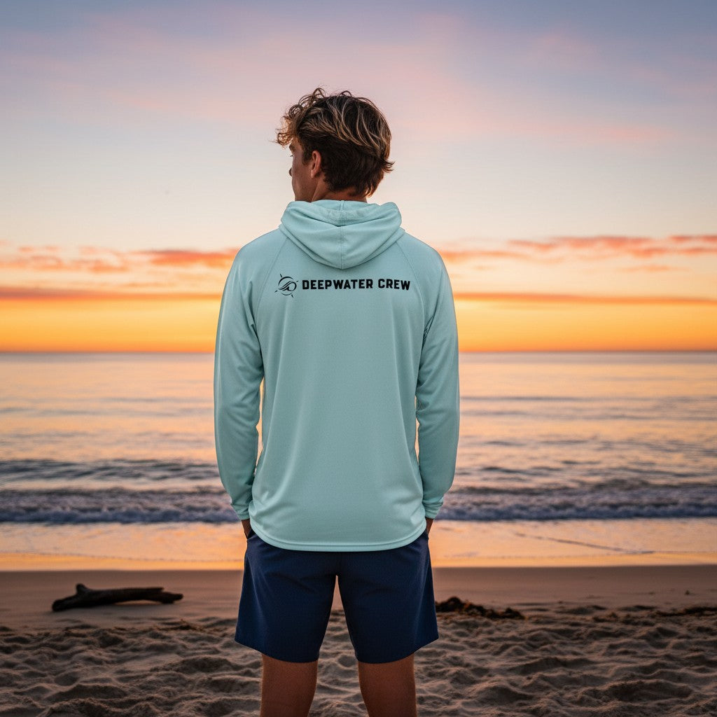 Man wearing a light blue Deepwater Crew Co. UV performance hoodie standing on a beach at sunset.
