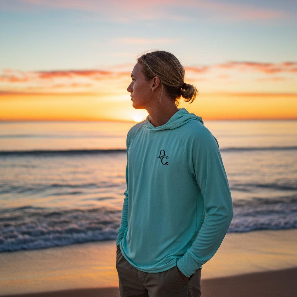 Deepwater Crew Co. light blue performance UV hoodie worn by a man on the beach at sunset.