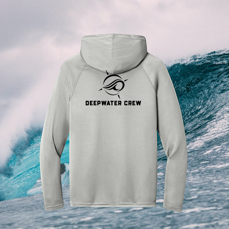 Lightweight silver Deepwater Crew UPF 44+ moisture-wicking performance hoodie with black wave-and-compass logo and Deepwater Crew back graphic.