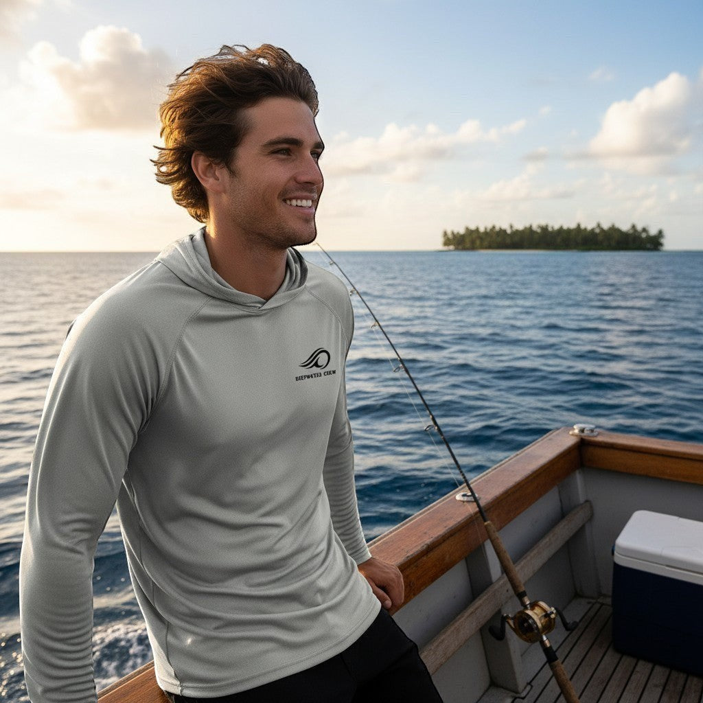 Deepwater Crew Co. man wearing a light grey performance UPF hoodie while fishing on a boat at sunset.