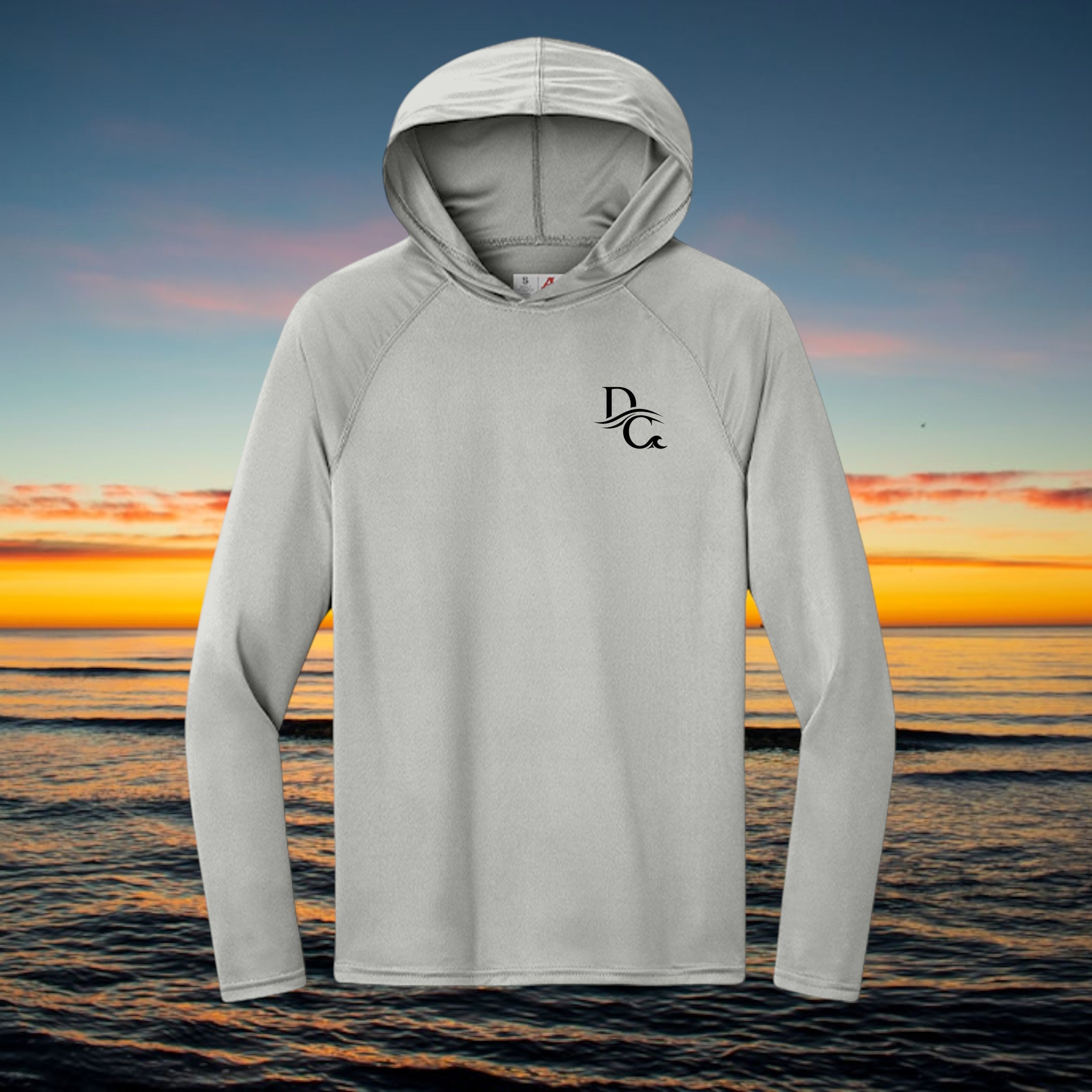 Deepwater Crew Co. light grey performance UV hoodie with moisture-wicking fabric and raglan sleeves.