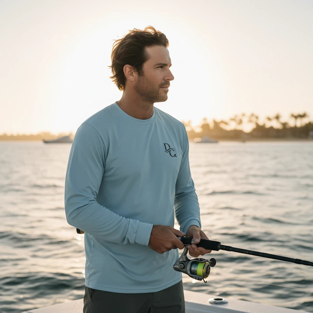 Deepwater Crew Co. light blue long-sleeve polyester performance tee with UPF 44+ sun protection, worn by a man fishing.