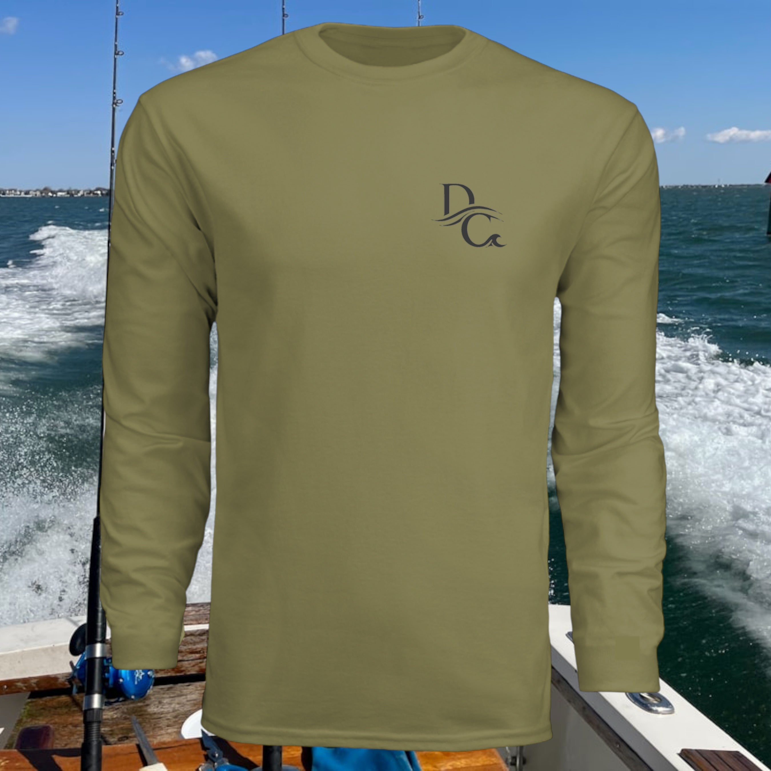 Deepwater Crew Co. olive green long-sleeve performance tee with UPF 44+ sun protection and moisture-wicking fabric.