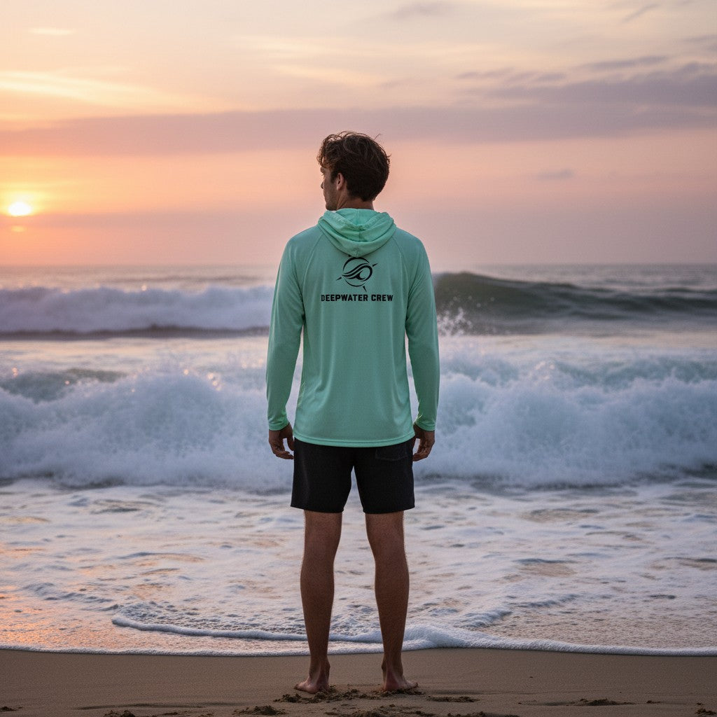 Deepwater Crew Co. light green long-sleeve performance UV hoodie worn by a man standing on the beach at sunset.