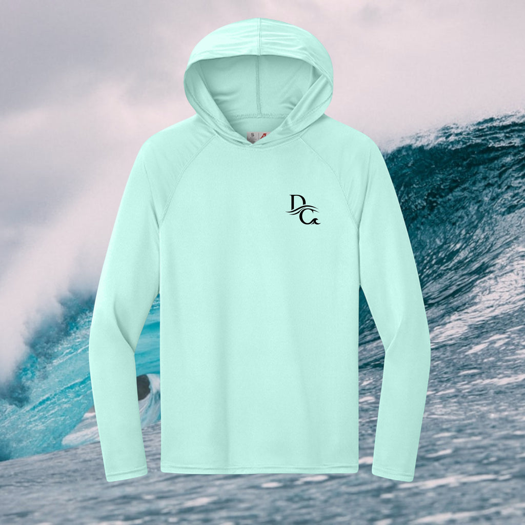 Deepwater Crew Co. light mint green long-sleeve hooded performance shirt with moisture-wicking recycled fabric