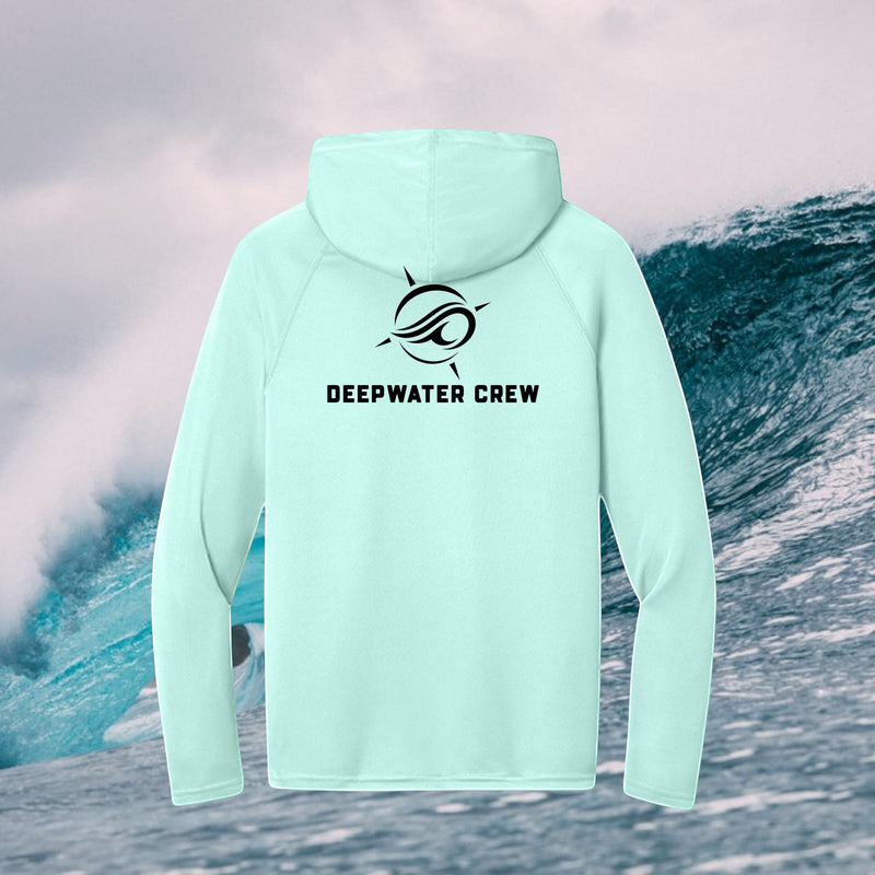 Lightweight mint green Deepwater Crew UPF 44+ moisture-wicking performance hoodie with black wave-and-compass logo and Deepwater Crew back graphic.