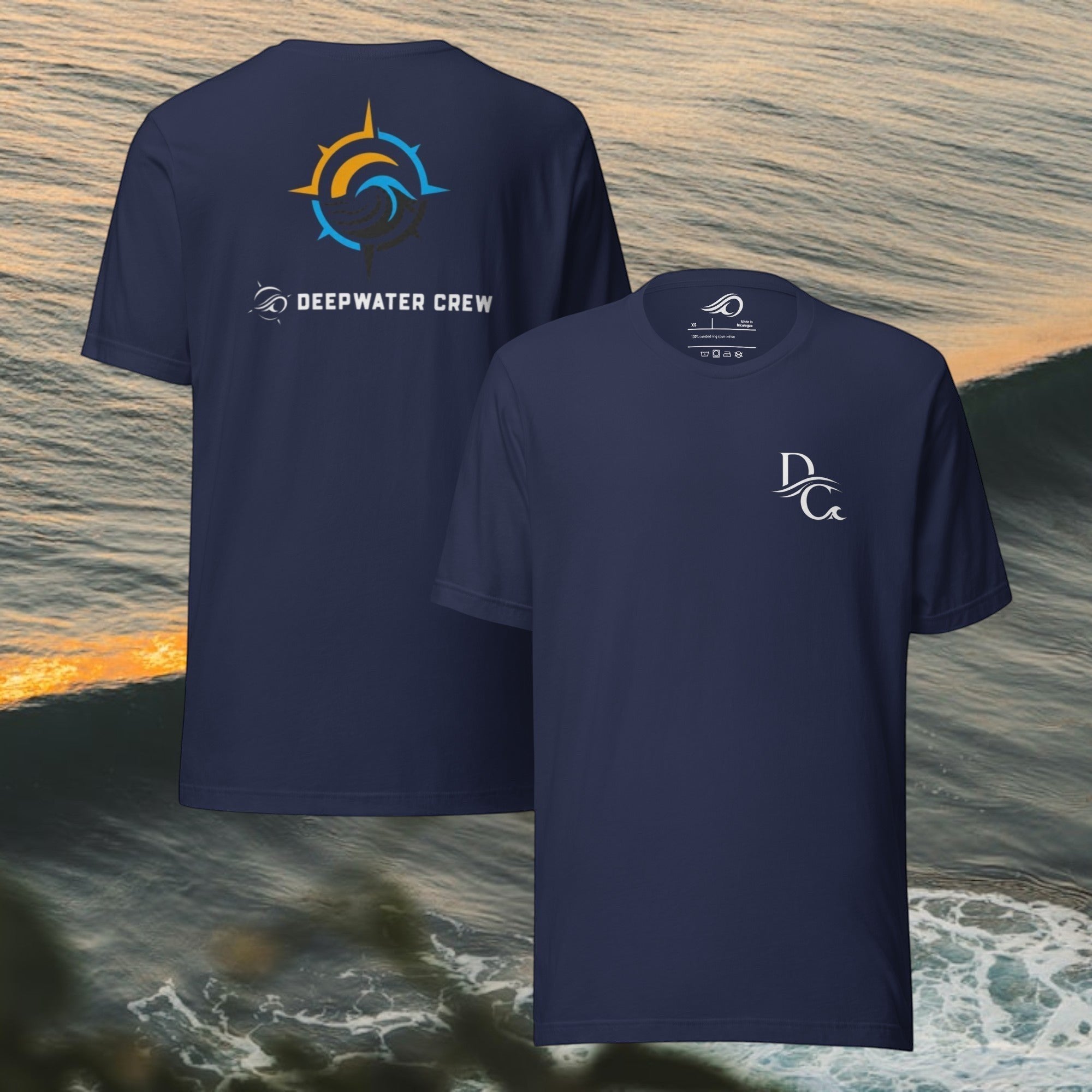 Deepwater Crew Co. navy blue 100% cotton t-shirt with front logo and large back graphic of a compass rose with a wave.