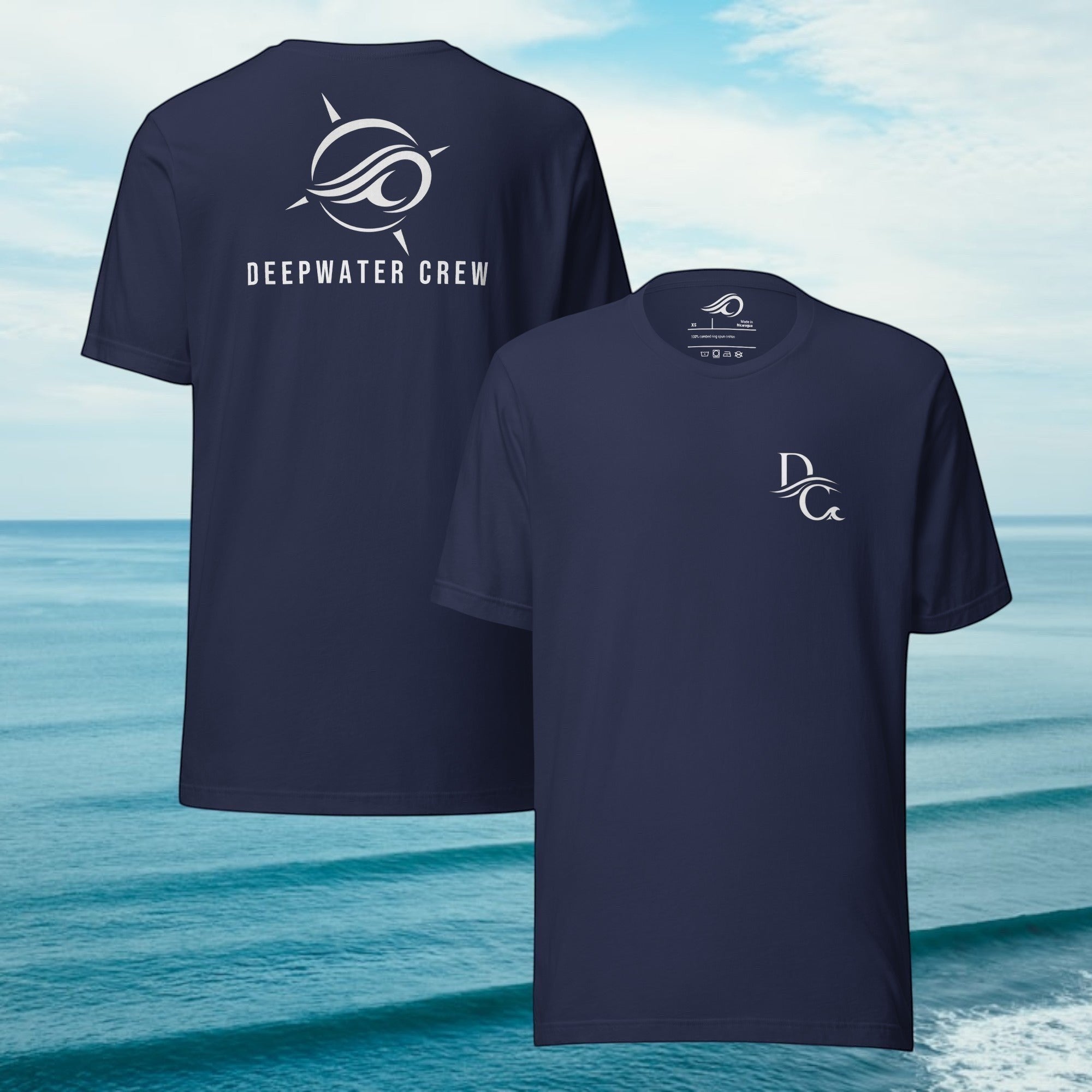 Deepwater Crew Co. navy blue 100% cotton crew neck t-shirt with white logo on front and back.