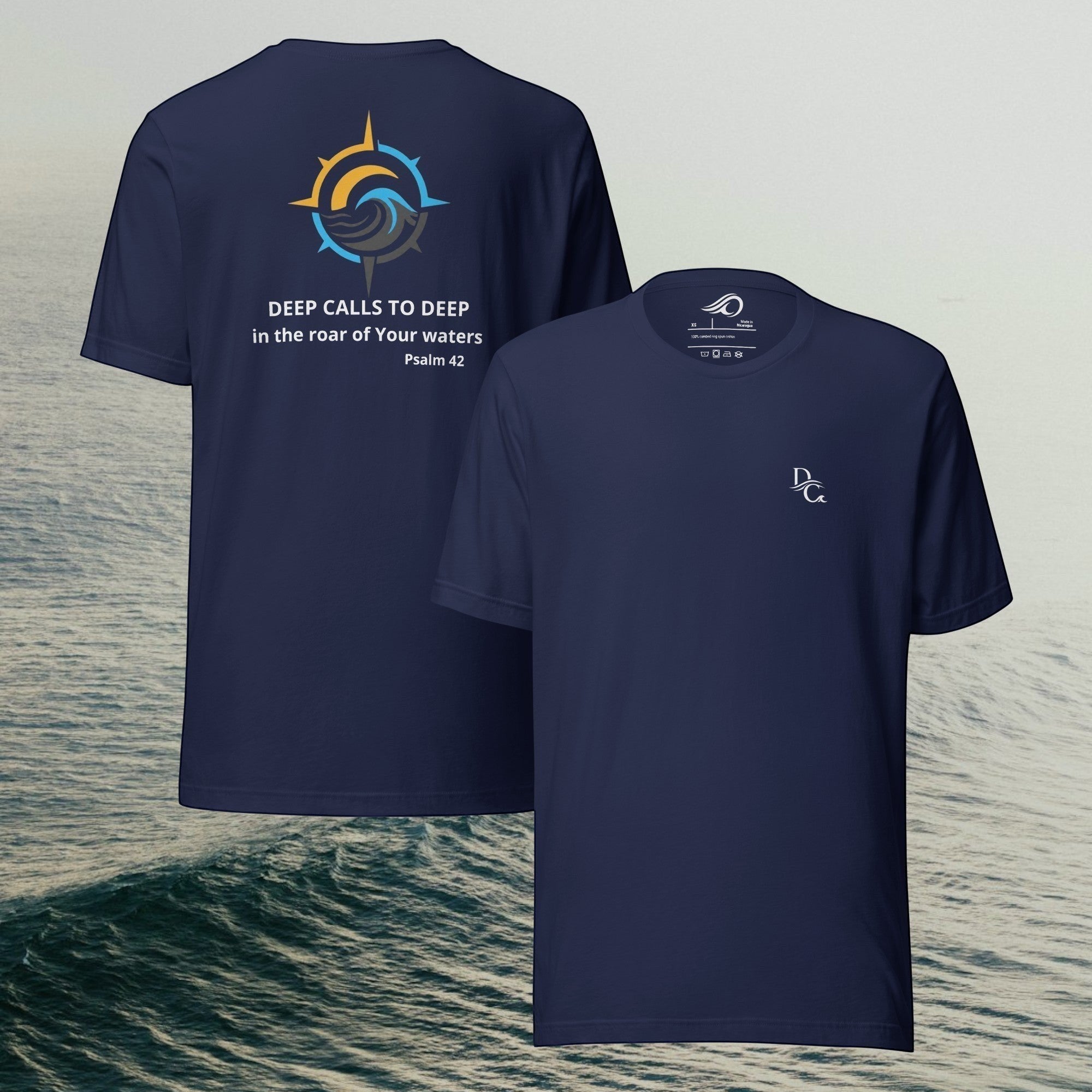 Deepwater Crew Co. navy blue cotton crew neck t-shirt with front logo and back compass graphic design