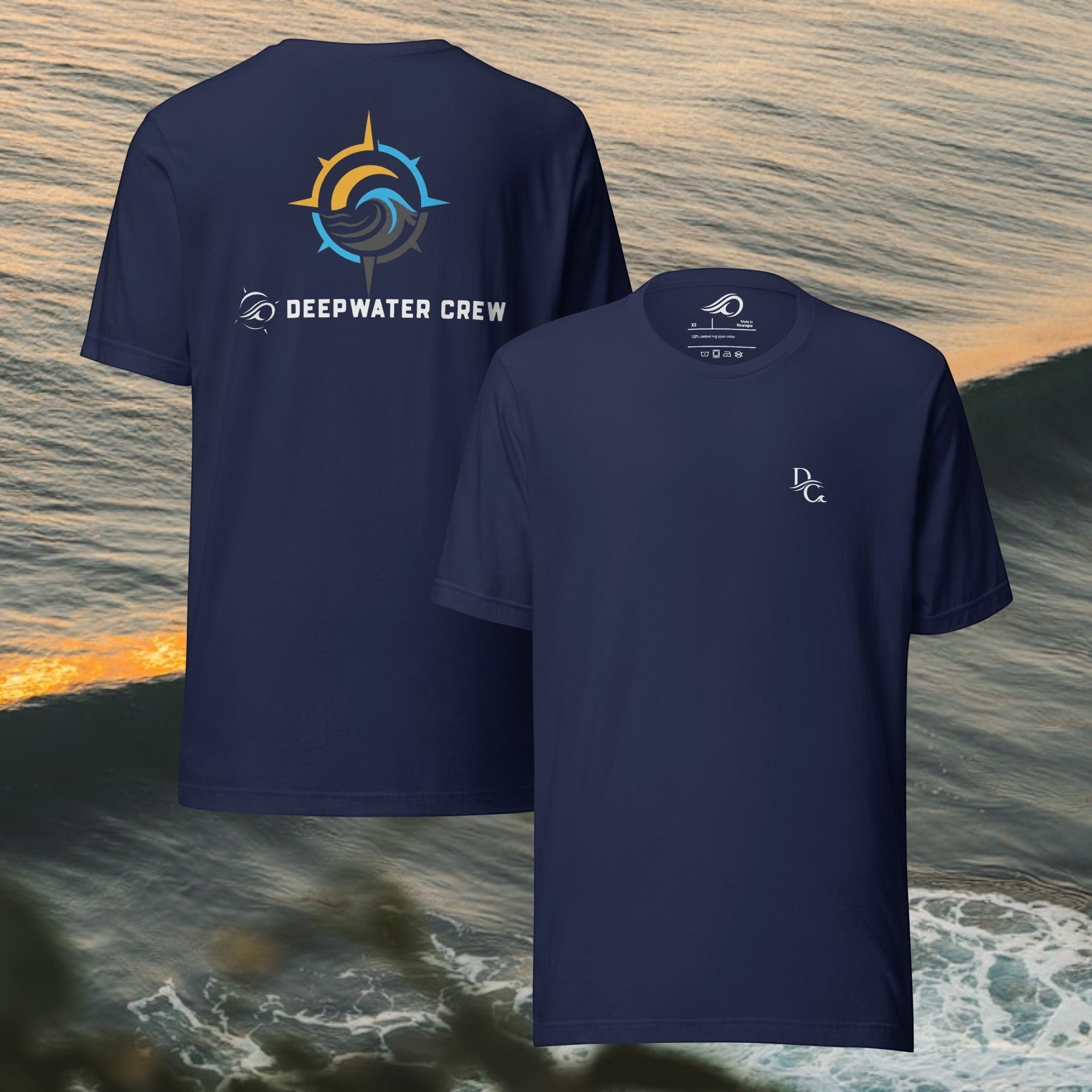 Deepwater Crew Co. navy blue cotton crew neck t-shirt with a small front logo and large back compass ocean graphic