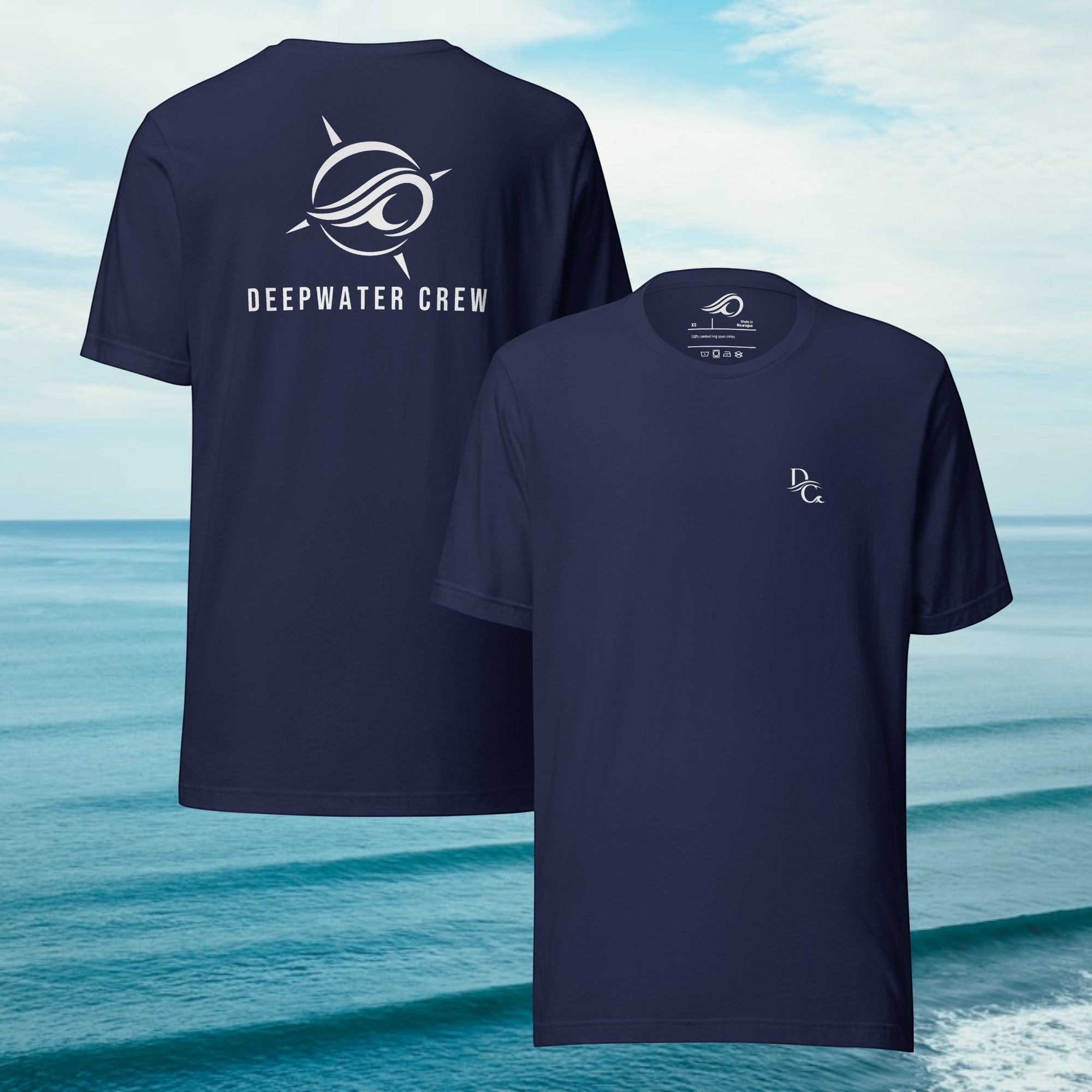 Deepwater Crew Co. navy blue cotton crew neck t-shirt with white logo on front chest and large back graphic