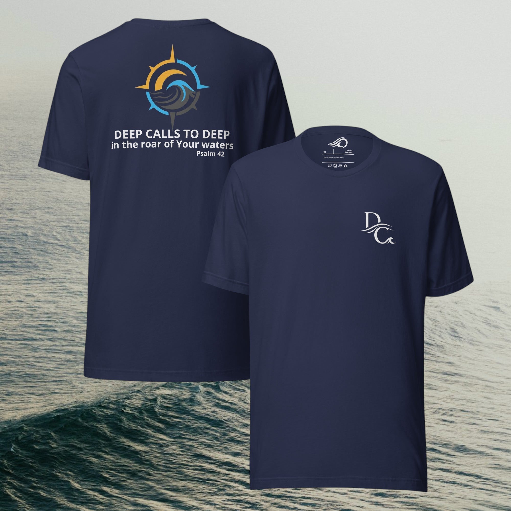 Deepwater Crew Co. navy blue 100% cotton crew neck t-shirt with a compass graphic and text on the back.