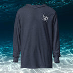 Deepwater Crew Co. navy heather long-sleeve hooded tee with white logo on chest. 100% cotton.