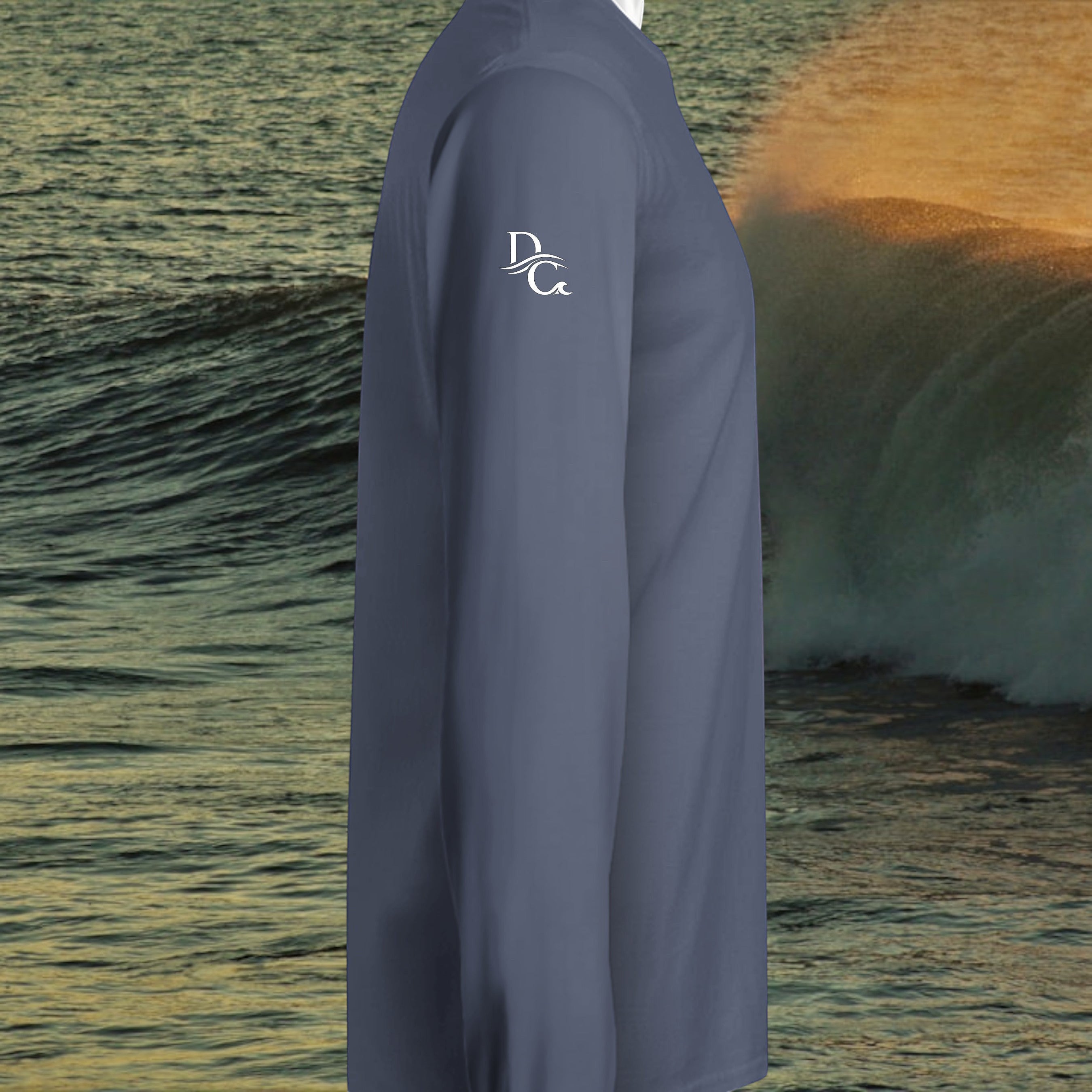 Deepwater Crew Co. navy blue long sleeve hooded jersey t-shirt with white logo on sleeve against ocean wave background