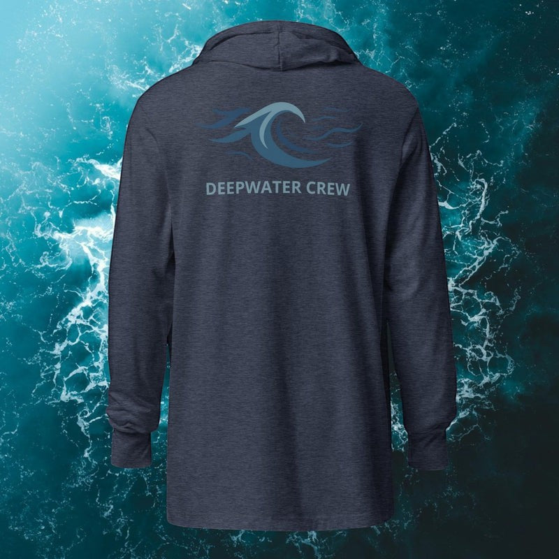 Deepwater Crew Co. navy blue long sleeve hooded tee with crossover V-neck and wave logo on back.