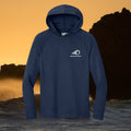 Deepwater Crew Co. navy blue performance long-sleeve hooded shirt with moisture-wicking fabric and UPF sun protection.